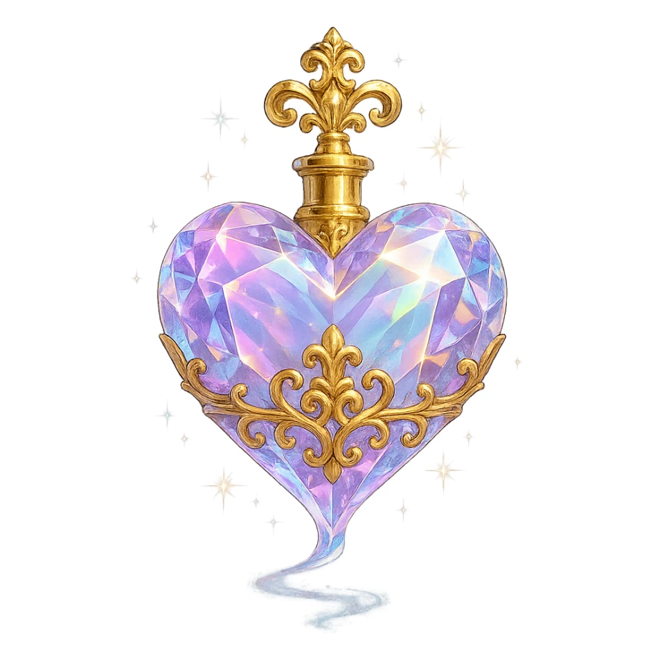 crystal luxurious elixir bottle in heart shape, pastel gradient, lots of shine, facets, ornaments, golden details, magical effects, very small golden neck, transparent background, beautiful merging base, clearly floating in air, no ground or shadow, very luxurious, matching a collection sticker