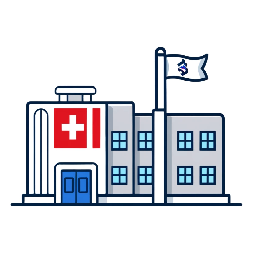 Modern hospital with Thai flag prominently displayed, medical symbol, flag with red white blue stripes sticker