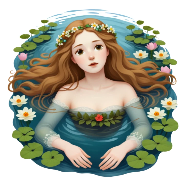 Ophelia floating in water surrounded by flowers, based on the famous painting by John Everett Millais sticker