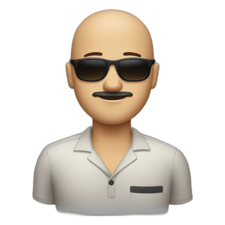 Bald tan guy with dark brown moustache with sunglasses and bowling shirt sticker