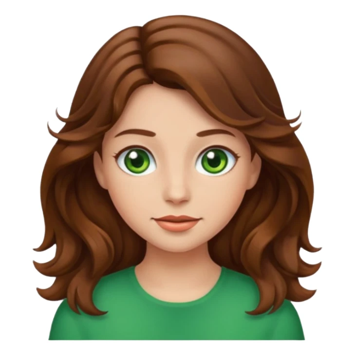 Make a emoji girl with wavy brown hair and green eyes sticker