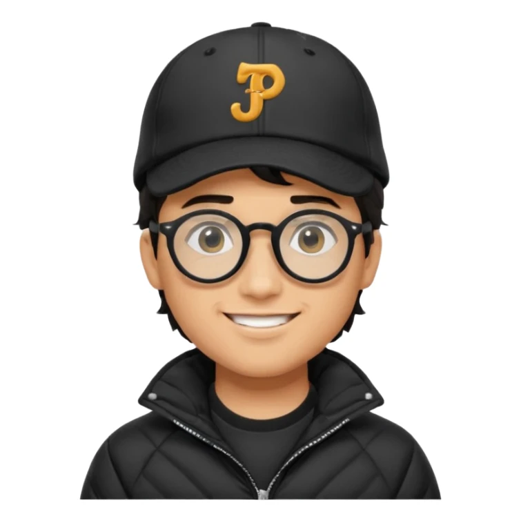 Young man wearing a black puffer jacket, black baseball cap with a small logo, round black glasses, wavy hair peeking out from under the cap, smiling sticker