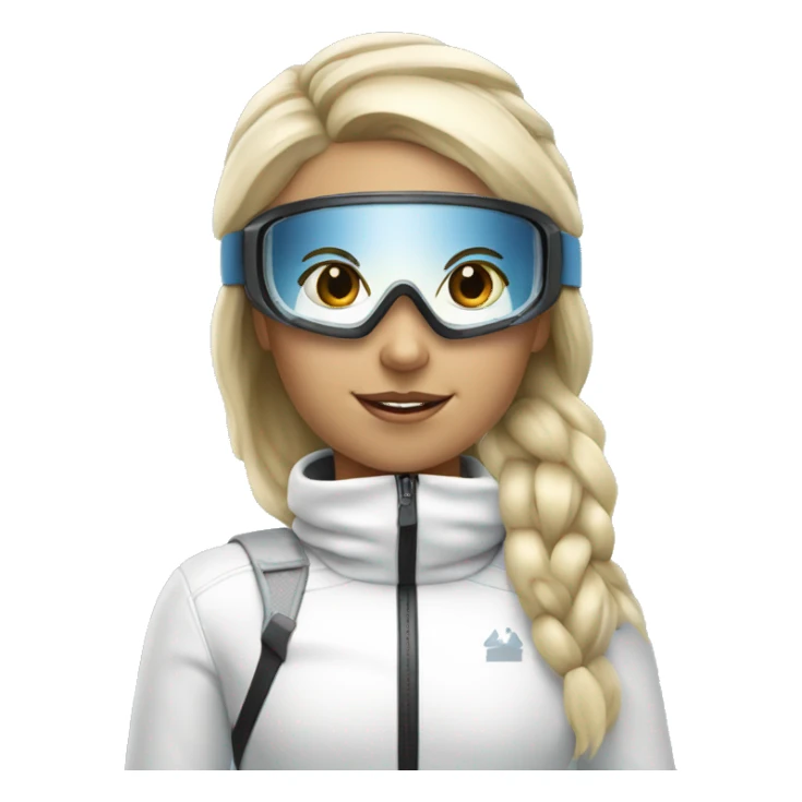 blonde girl skiing with white ski outfit wearing ski goggles sticker
