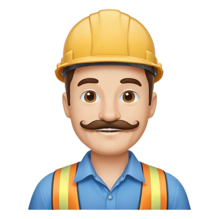 Construction owner, well dressed, blue shirt, mustache, happy sticker