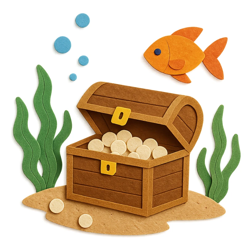 treasure chest underwater with pearls, seaweed, and fish, layered paper effect, paper-craft style sticker