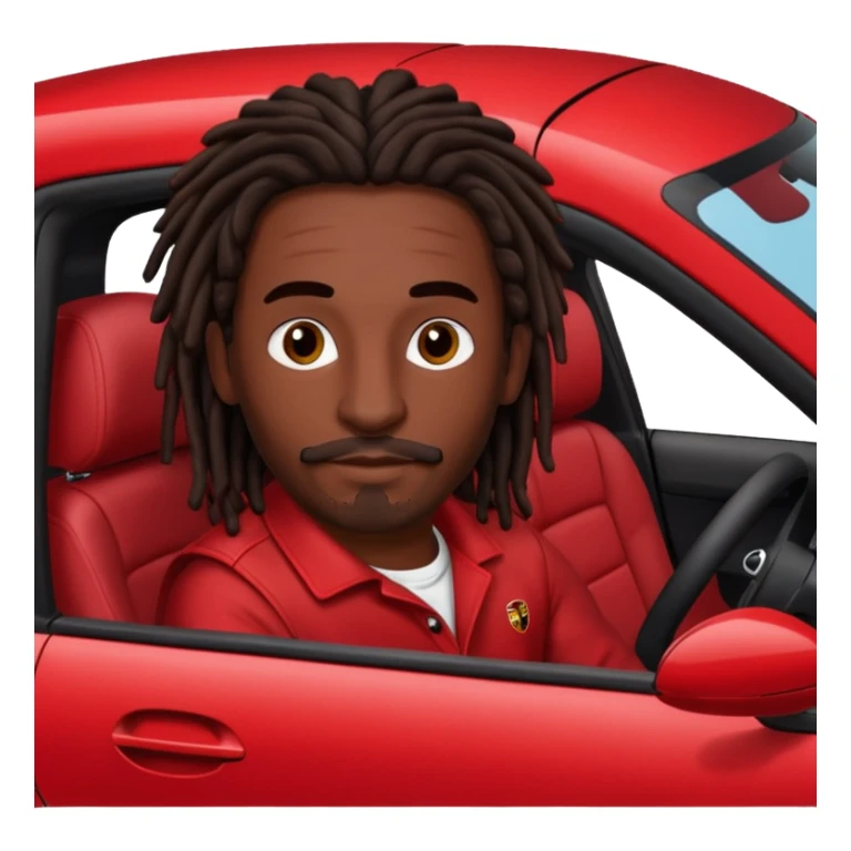 Red Porsche cayenne with guy with dark brown dreads sitting inside with thin mustache sticker