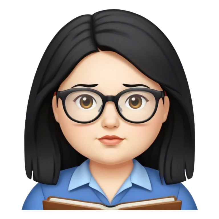 pale chubby female teacher with long black hair, wearing glasses sticker