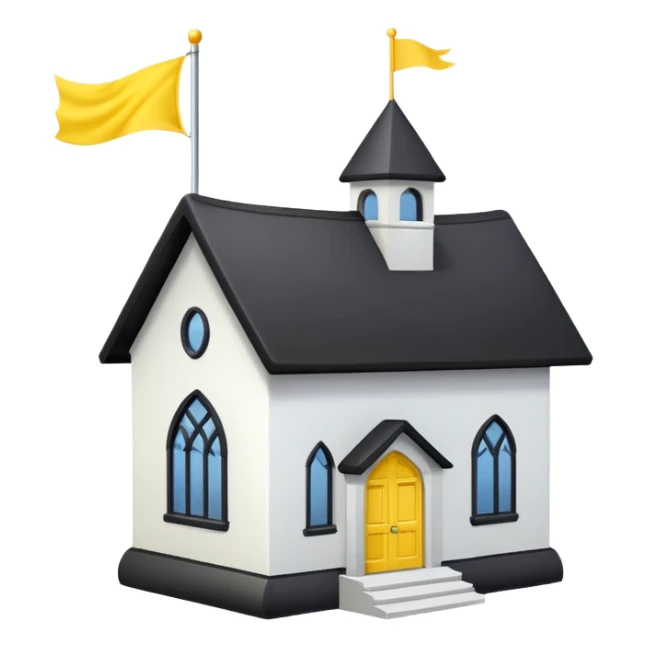 simple magic school, low detail, white background, magic school, black roof, with a big flag, big flag on a roof, big yellow flag, white school sticker