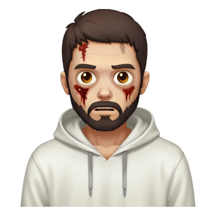 thinking zombie wearing plain white hoodie with no designs, dark brown hair and short full beard sticker