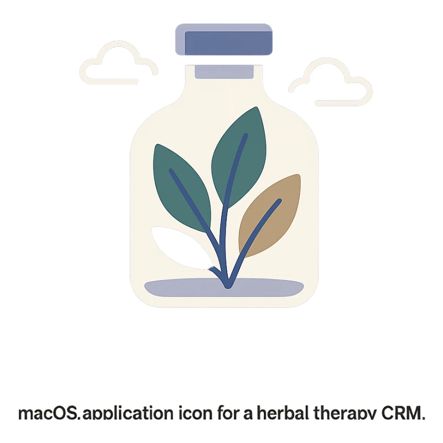 macOS application icon for a herbal therapy CRM, featuring a glass bottle with herbal leaves inside, soft shadows, green and earth tones, modern, minimal, no text sticker