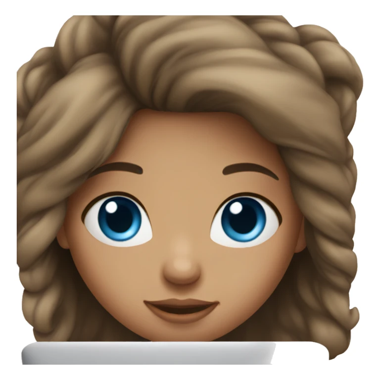 A brunette girl, blue eyes, works on a MacBook sticker