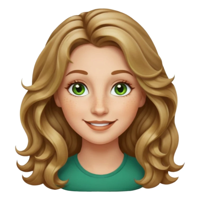 creative women with long dark Blond with highlights wavy hair white women, oval shape face green hazel eyes long lashes freckles on the nose high cheek bones sticker