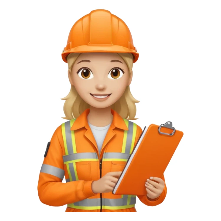 woman in orange hi vis overalls smiling holding a clipboard sticker