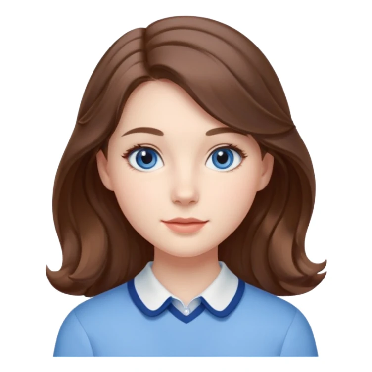 Realistic Student Portrait, with porcelain-like skin featuring a natural rosy flush, illuminated by soft lighting that highlights the gentle contours of her face. Her Brunette hair flows in soft, Her deep blue eyes radiate warmth and innocence,  wear light blue preppy style. sticker