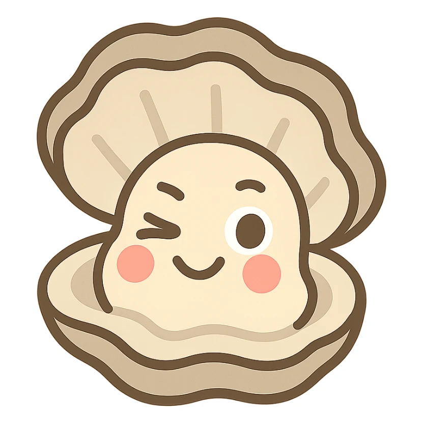 cute oyster with winking expression and rosy cheeks, pastel toon style, cream and greige colors sticker