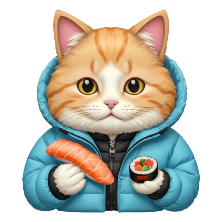 cat wearing a puffy jacket and eating sushi sticker