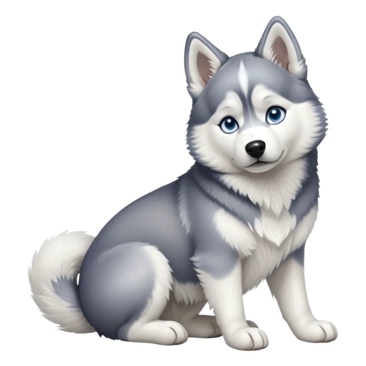 cinematic-[siberian husky]-realistic-full-body-sitting-emoji,-tail-resting-loosely-beside-its-paws,blue eyes-head-tilted-dramatically, -fluffy-[grey and white]-fur,-simplified-yet-realistic-focused-features,-highly-detailed,-glowing-with-an-almost-sarcastic-glow sticker