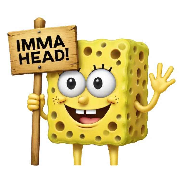 Make SpongeBob hold a wooden sign that says imma head out" in bold black letters. sticker
