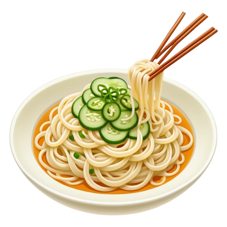 Liangpi Cold Skin Noodles with julienned cucumber and sesame sauce, simplified emoji style with bold outlines and bright colors, cartoon style Shaanxi cold appetizer sticker