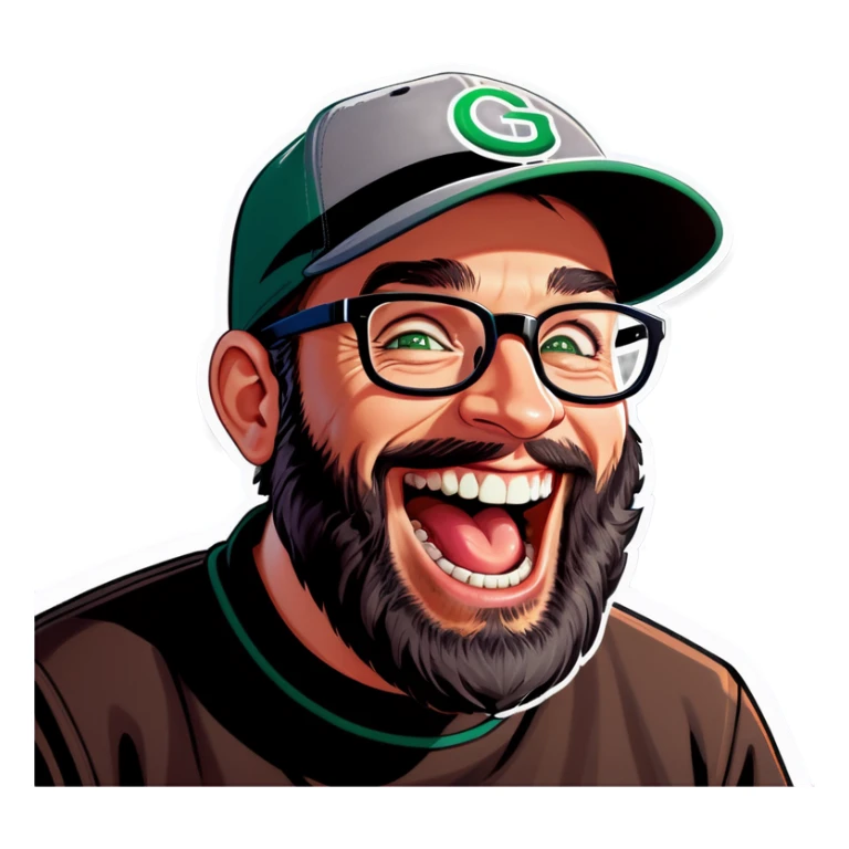 A man with a grey baseball cap, green eyes, big dark brown beard and glasses, laughing out loud  sticker