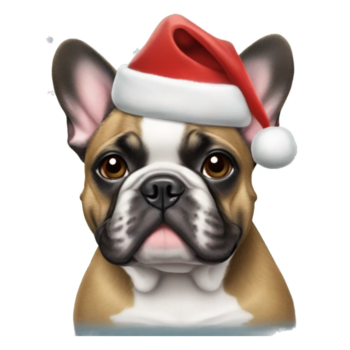 Brindle french bulldog wearing a Christmas hat sticker