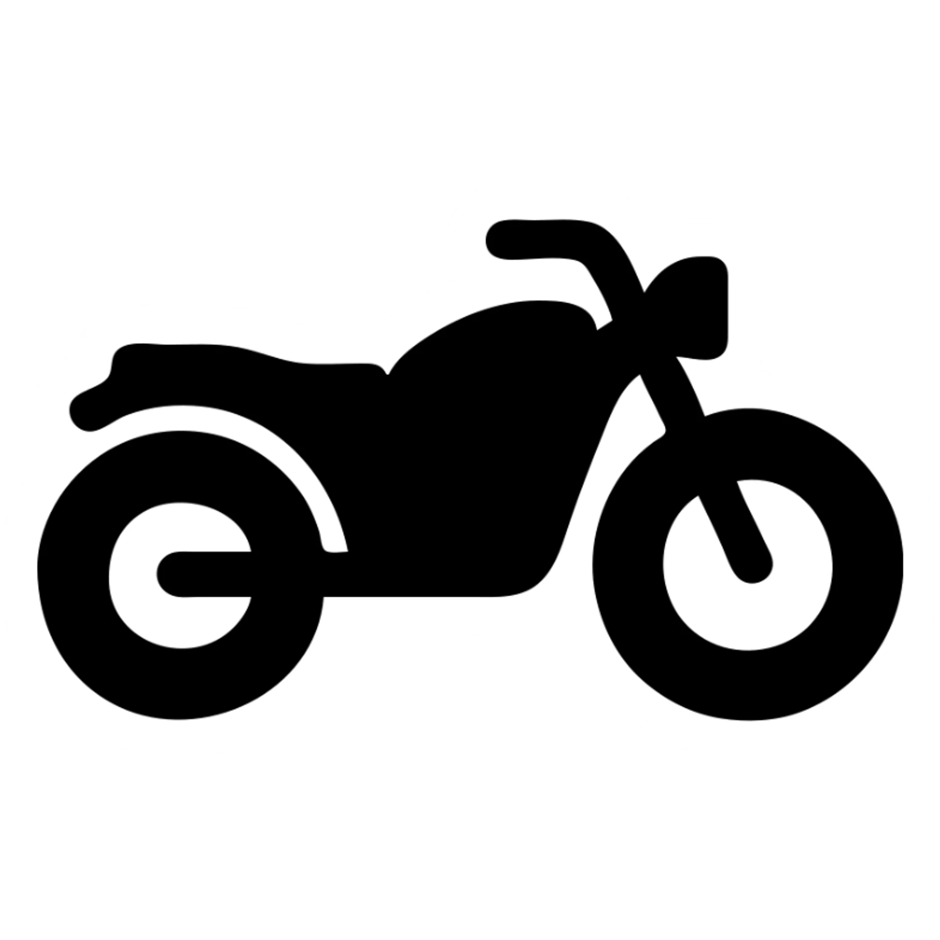 Simple motorcycle silhouette, side view with visible wheels, handlebars, and seat sticker