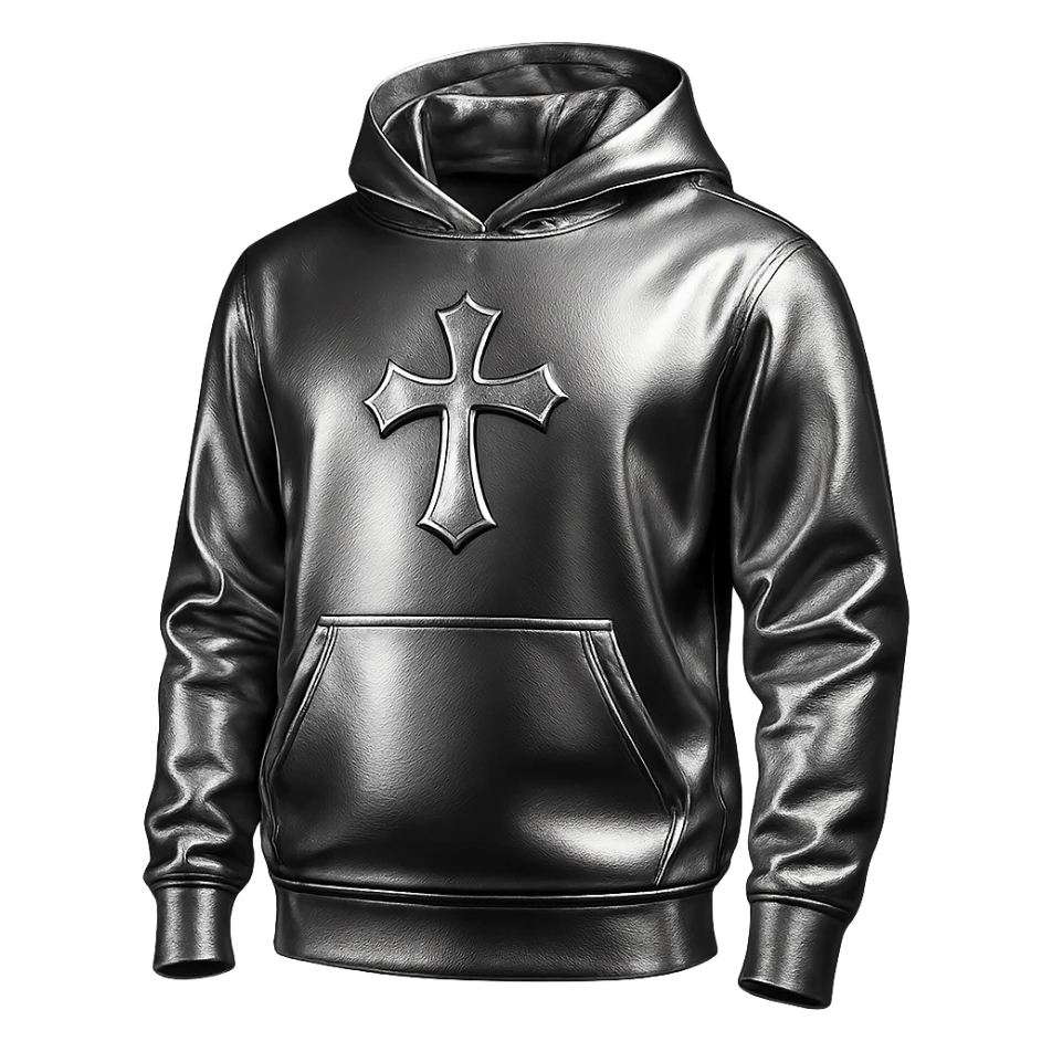 hoodie with a chrome cross emblem on the chest, 3D metallic look, simple background sticker