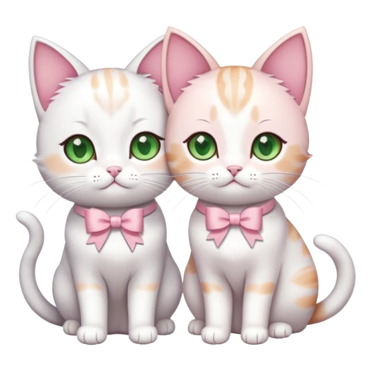 Two cute anime cats, the first cat is white with green eyes, the second is light pink with brown eyes and a bow on his head, high quality, a masterpiece sticker