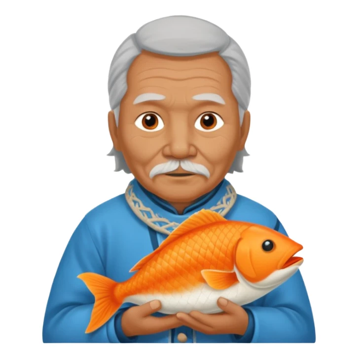 old inuit man with traditional inuit clothes and orange fish sticker
