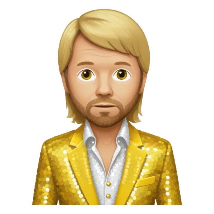 Björn Ulvaeus from ABBA with long dark blonde hair, yellow sequin shirt, white sequin suit jacket sticker