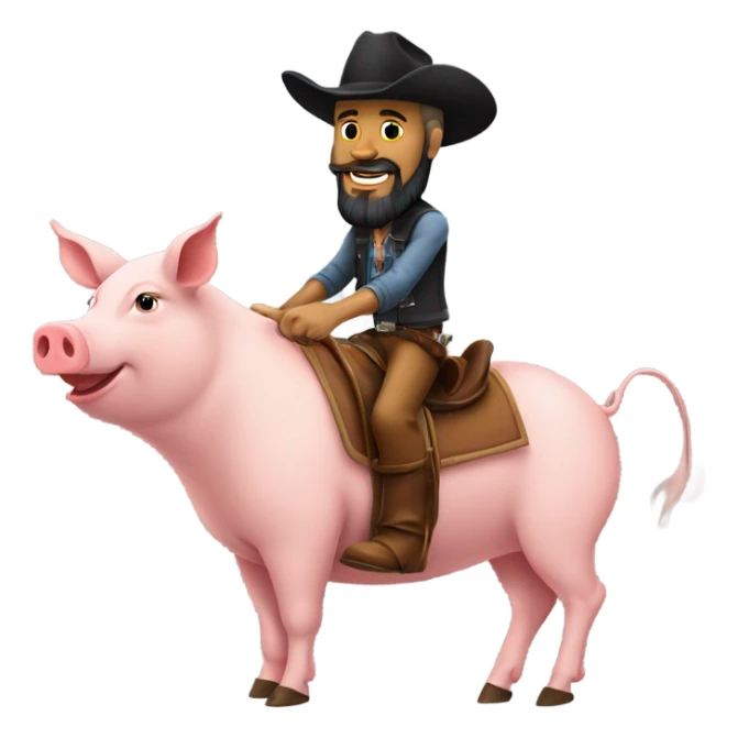 Man with tattoos and a beard with a cowboy hat and he’s riding a pig sticker