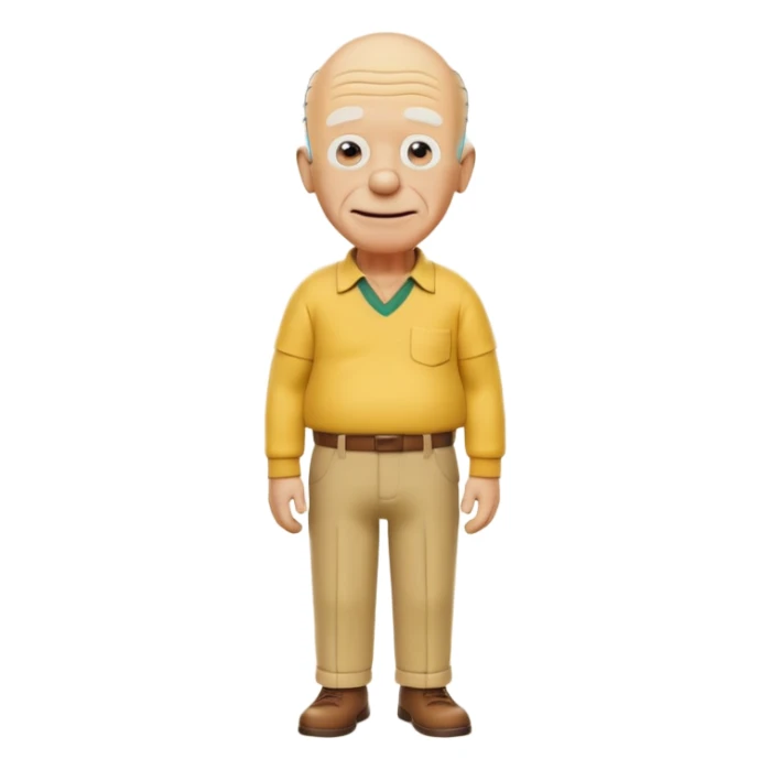 A 3D cartoon elderly man entirely yellow, styled like Grandpa Simpson, bald head with few hair strands, wrinkled face, yellow shirt and trousers, kind smile, cinematic Memoji-style render matching other Simpsons characters. sticker
