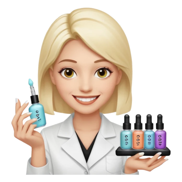 A smiling beautician with cold fake smile, calculating eyes, pointing at your cheek while holding 5 expensive serum bottle. predatory vibe.A face with a fake sweet smile, but the face is slowly consumed by shadows creeping from below. calculating eyes are visible in the dark sticker