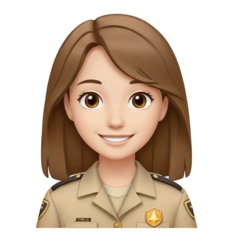 chica con pelo marron liso medio ondulado con uniforme color beige y sonriendo sticker