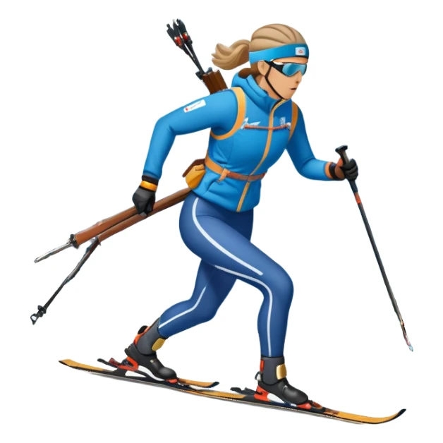 An icon featuring a biathlete in motion, holding a rifle and skiing across a snowy course. The backdrop includes snow-covered trees, distant mountains, and a clear blue sky. Transparent background highlights the precision, endurance, and excitement of biathlon. sticker