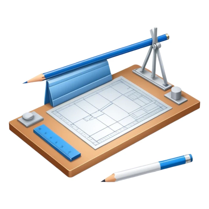 Sleek icon for Architecture: engineer's drawing board with blueprints 3D model of building,  pencil, architect's rulers and protractor. Transparent background. sticker