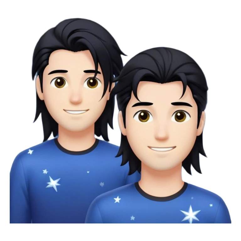 A young man with a long hairstyle with two hairstyles facing forward, one to the right, and the other to the left, black, white skin, and shooting stars with a closed, handsome smile, without a beard or hair, 100%. sticker
