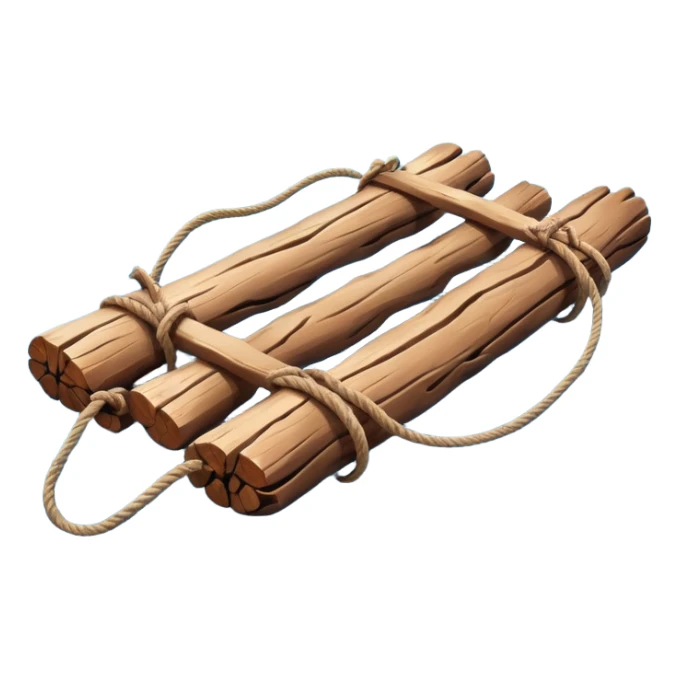 showing a simple wooden raft floating on calm blue water — made of several brown logs tied together with rope — gentle ripples around it — bright, cheerful lighting and soft shadows — minimalist, clean emoji design sticker