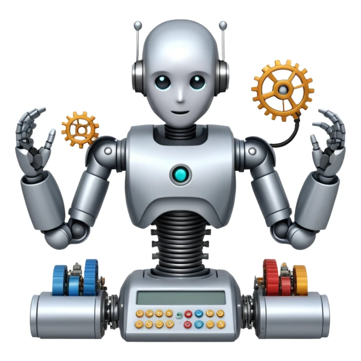 An icon featuring a humanoid robot assembling parts with robotic arms, surrounded by gears, circuit boards, and sensors, symbolizing robotics. The design includes a control panel and AI interface, representing automation, engineering, and innovation. Transparent background. sticker