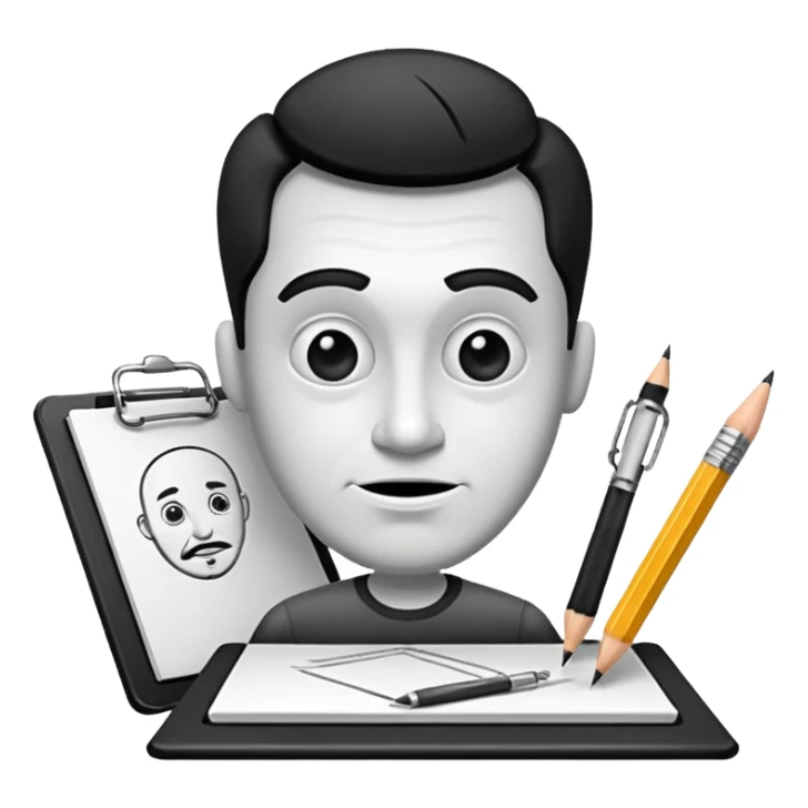 Create an icon representing the process of creating a black-and-white caricature. Include a pencil, a sketchpad with a humorous, exaggerated figure, and inking tools. Use bold lines and shading, with a transparent background. sticker