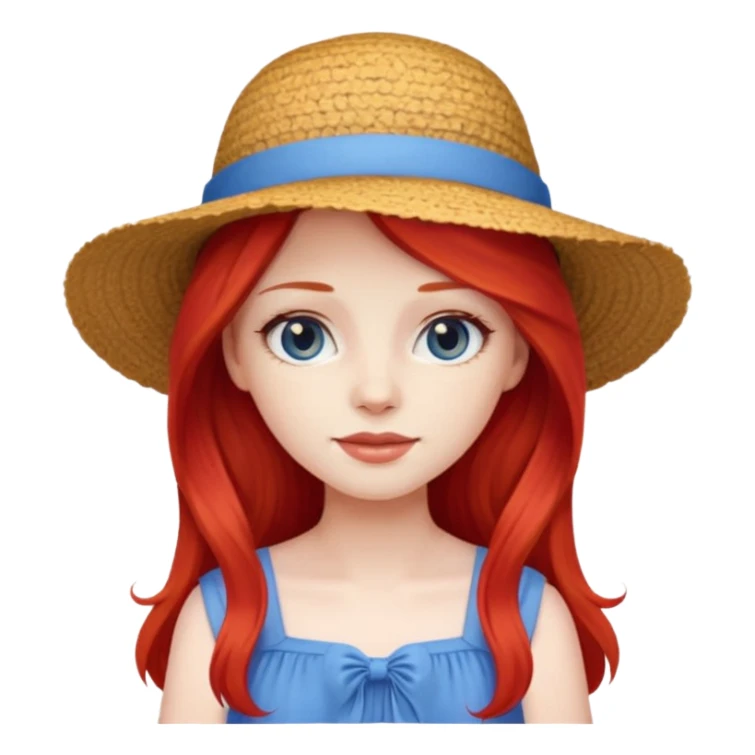 girl_wearing_summer_hat, red long hair, blue dress sticker