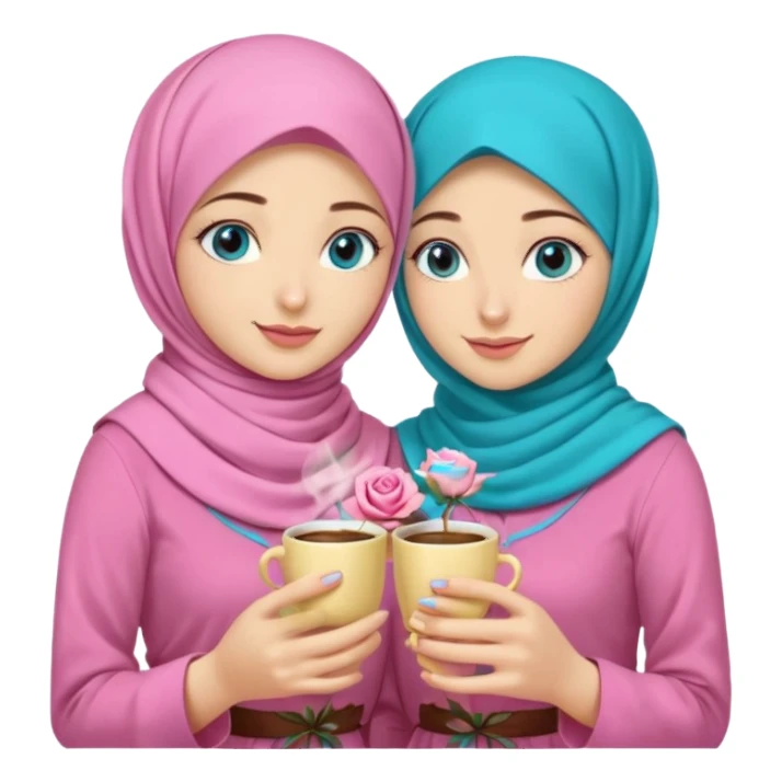 Turkish beautiful finish Konya three girls (friends) blue eyes with pink rose and turkis butter yellow hijab islamic dress and had on her hand turkish coffee   sticker