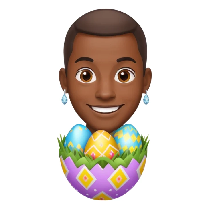 smiling African American man with diamond stud earrings popping out of an Easter egg sticker