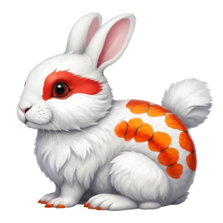 Asian Painted Fluffy Realistic Dwarf-Hotot-Rabbit-Rock-Ptarmigan-Koi-Fish-Animal-hybrid, full body, with red marking over eye sticker