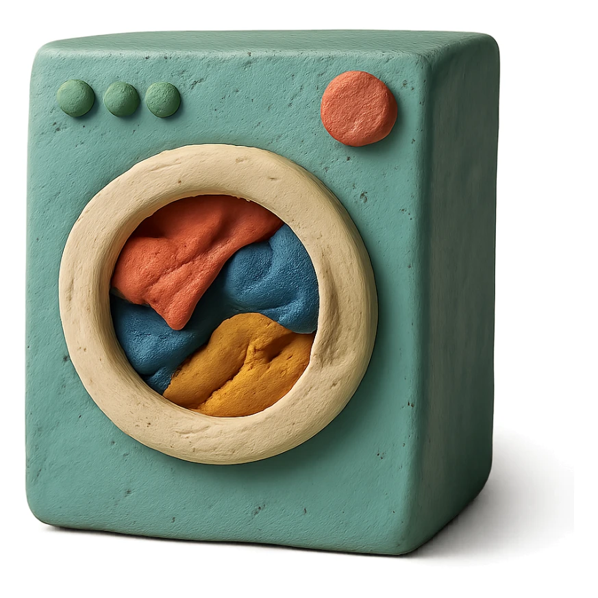 washing machine in claymation style with clothes peeking out, matte finish, soft lighting sticker