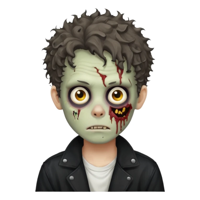 zombie boy medium length messy curly hair black jacket white tee shirt  sticker