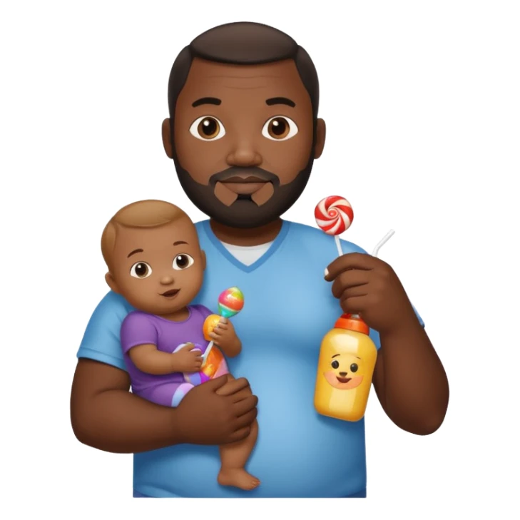 Big black man hold a  baby bottle and a lollipop sticker