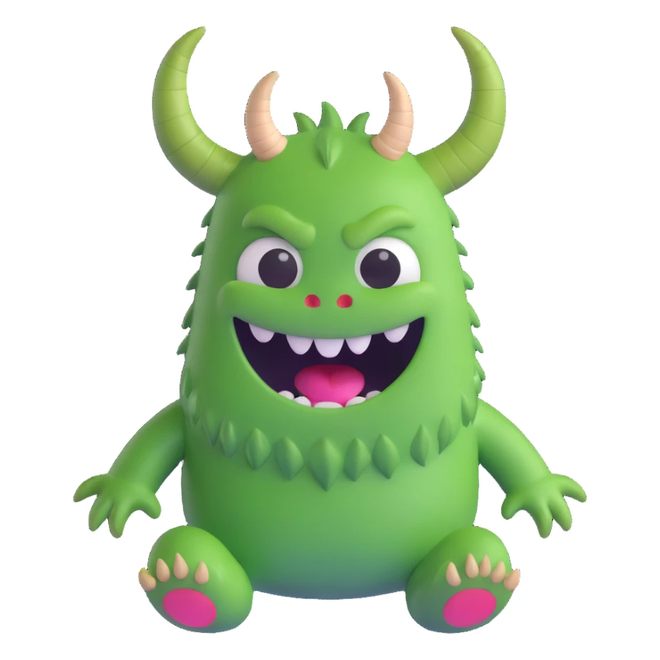 3D funny green monster, no teeth, small horns, smiling sticker