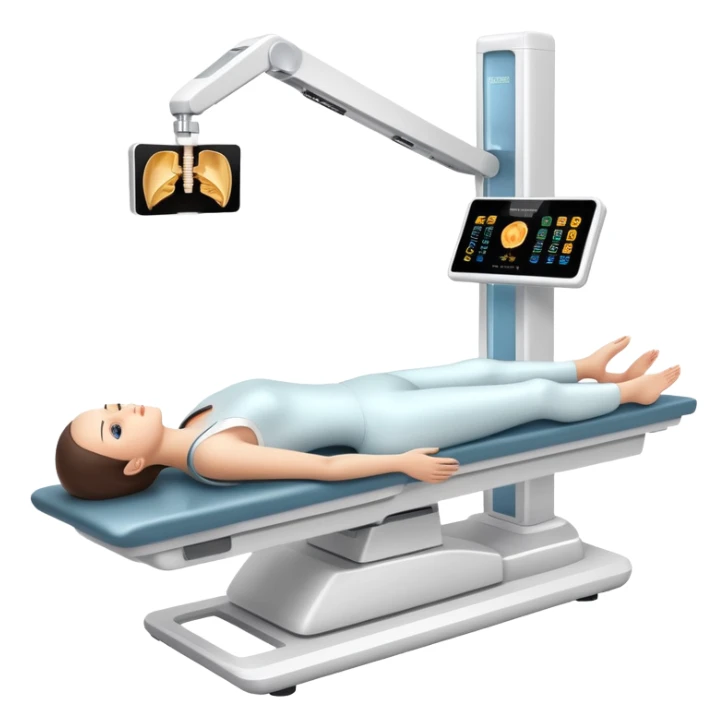 3D medical DEXA scan machine with patient lying on table, bone density measurement equipment sticker