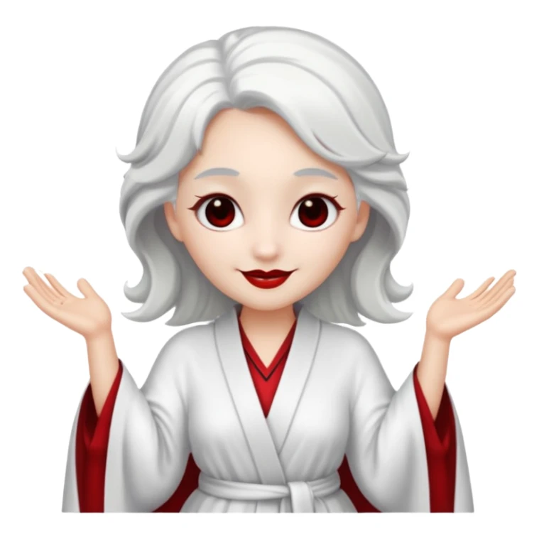 vull un perosnatge estil bimoji que sigui com una nimfa bella i fantasmal amb túniques blanques. Té la pell literalments blanca com el guix, cabell platejat, un nas llarg, ulls negres grans i llavis carmesí. que estigui somrient sense arrecades i vestimenta vermella i blanca sticker